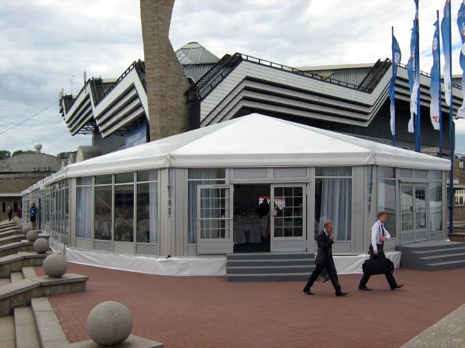 custom wine tent structure with octagonal end